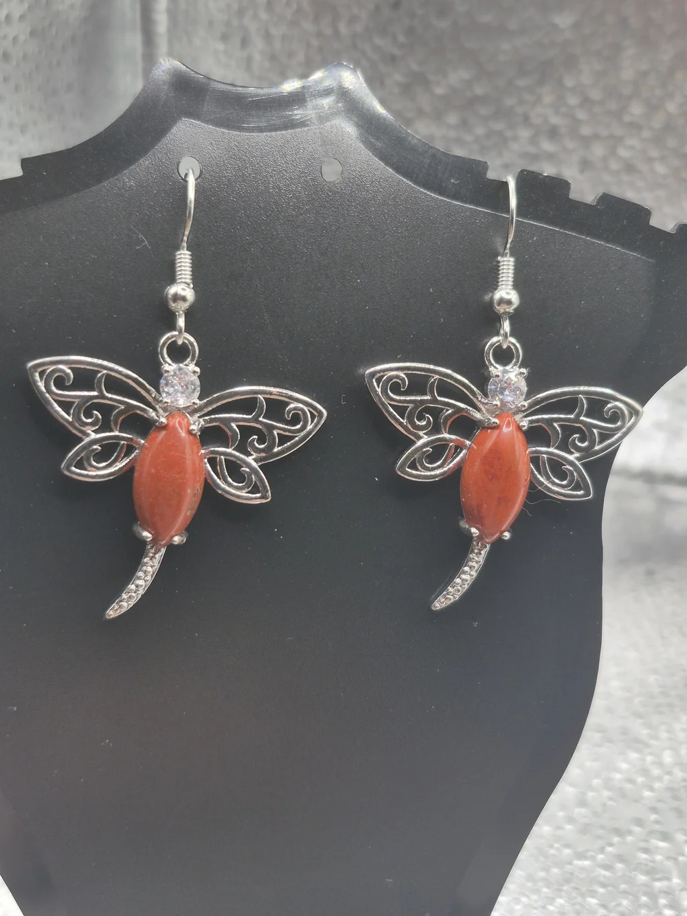 Red Jasper Dragonfly Drop Earrings with Silver Filigree